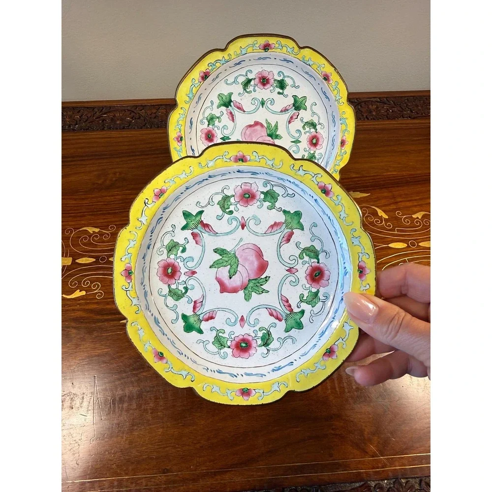 Pair Vintage Chinese Canton Enamel Copper Plates Peach Floral 6